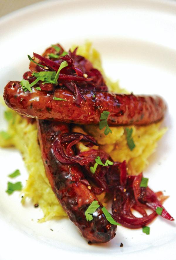 Food Friday Pork sausages with onion marmalade, leek and parsnip mash