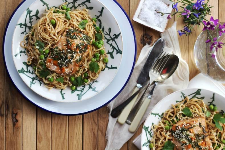 Nessa Robins' carrot and apple salad and chilli salmon with noodles