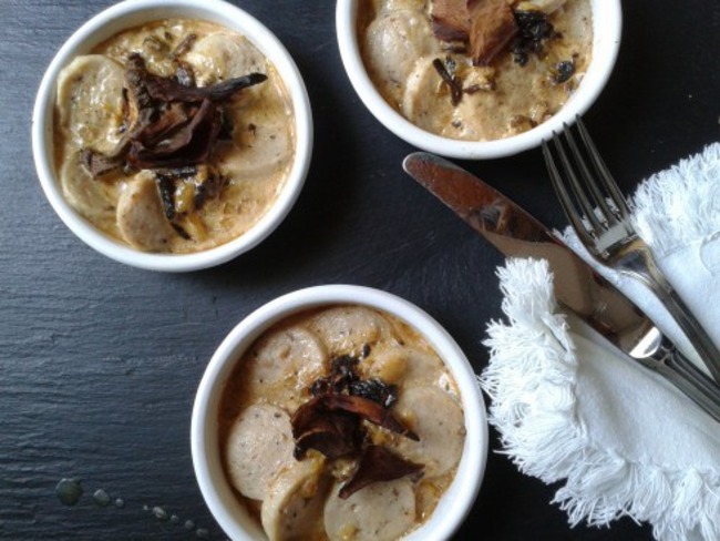 Cassolettes de boudin blanc sauce au foie gras et aux cèpes - Recette
