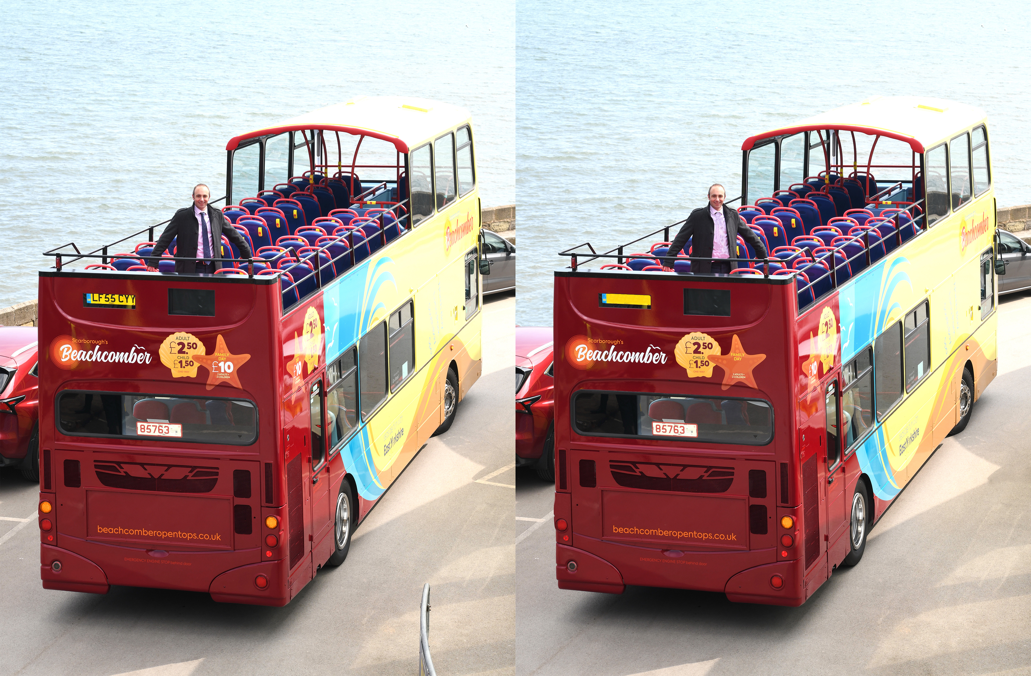 Two slightly different pictures of our Beachcomber open top bus