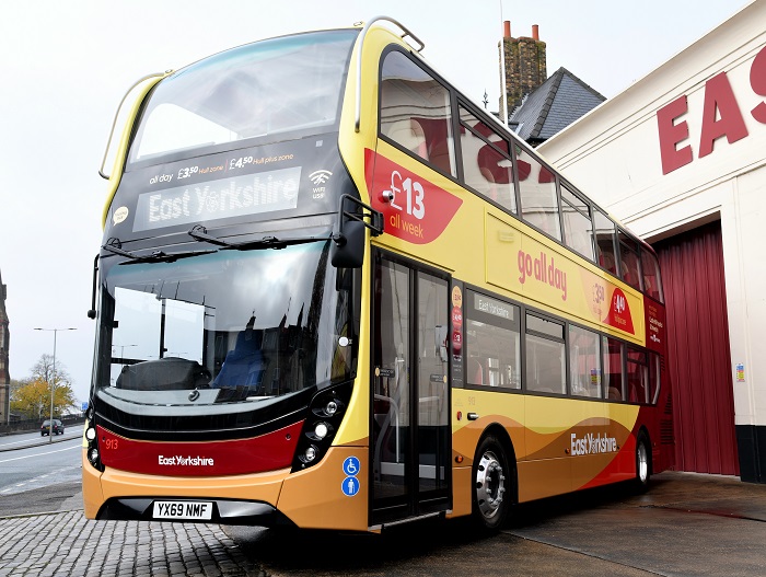 New double deck bus from side