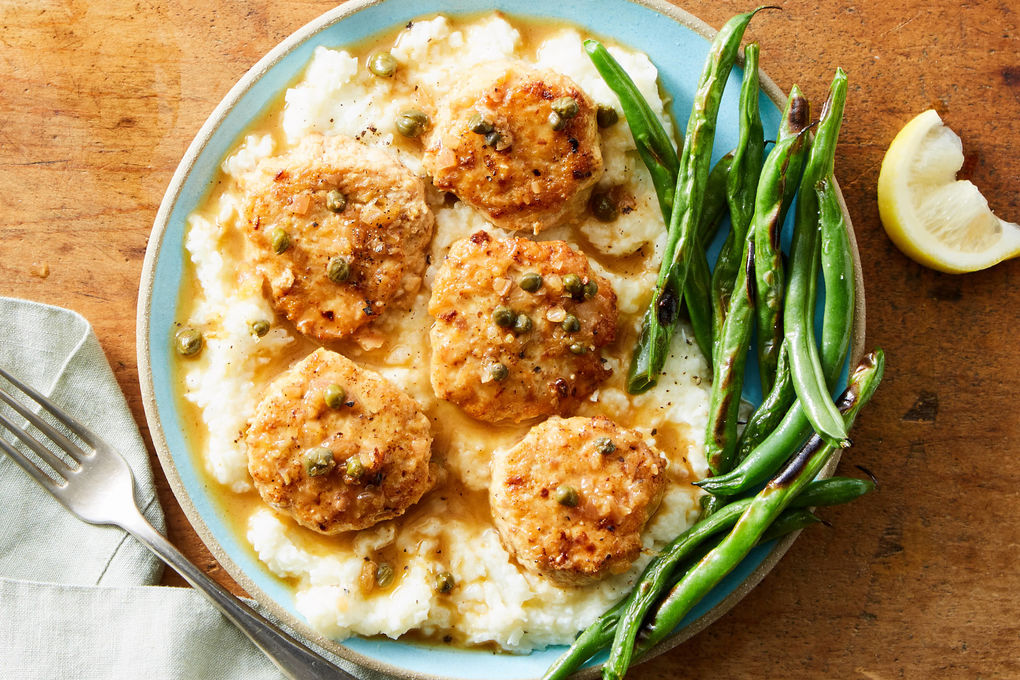 Chicken Piccata Meatballs with Cauliflower Mash & Green Beans