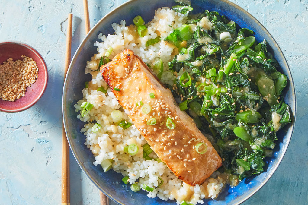 Miso Glazed Salmon Poke Bowl With Chinese Broccoli Sushi Rice Marley Spoon