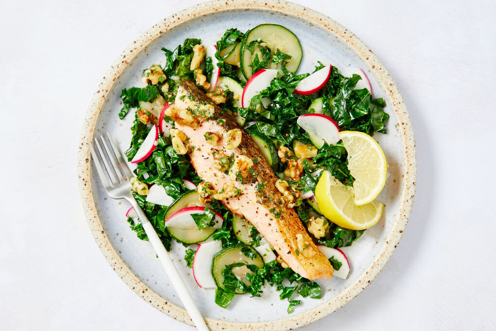 Low Carb Salmon With Kale Toss And Lemon Radish Dressing Marley Spoon