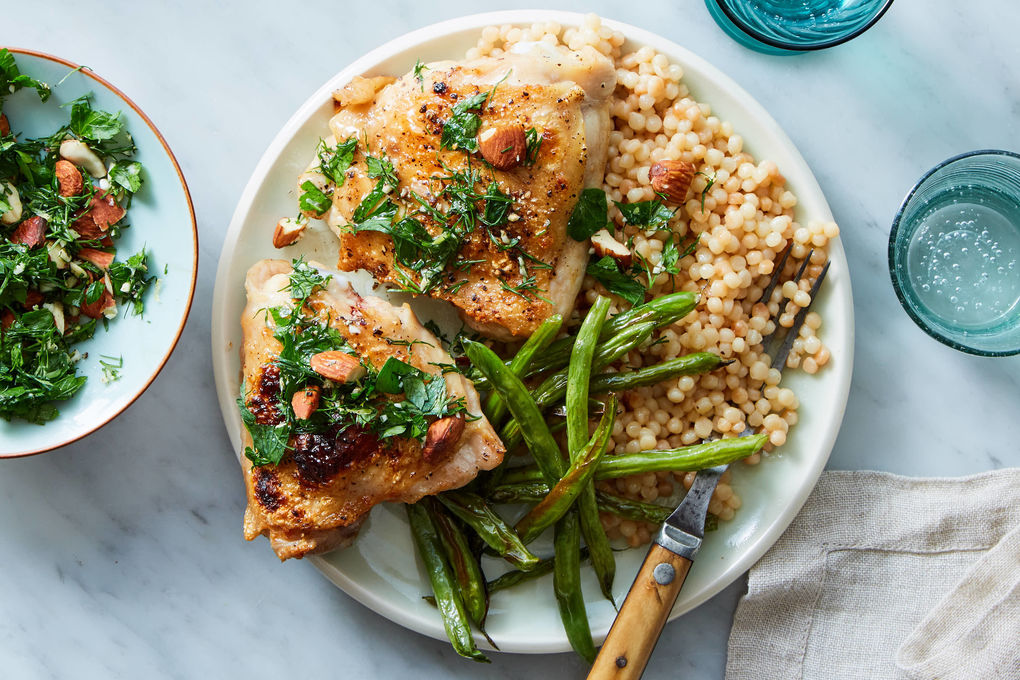 Pan Roasted Chicken Thighs Green Beans With Almond Gremolata Israeli Couscous Marley Spoon