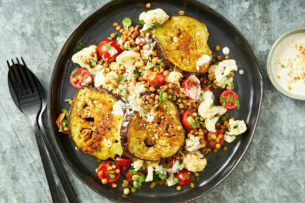 Low Cal Eggplant Lentil Salad With Tahini Dressing Dukkah Mint Marley Spoon