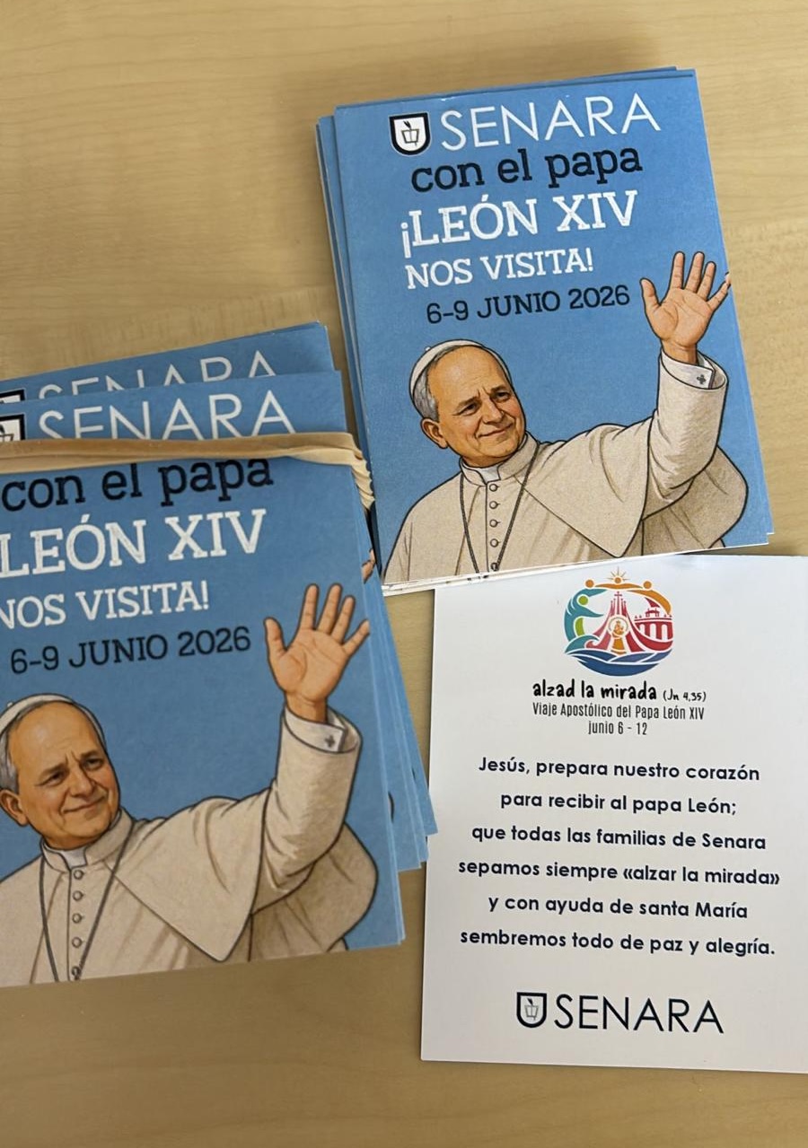 Todos los colegios se unen en oración por el viaje apostólico del Papa. Senara con estas estampas con una oración por detrás.