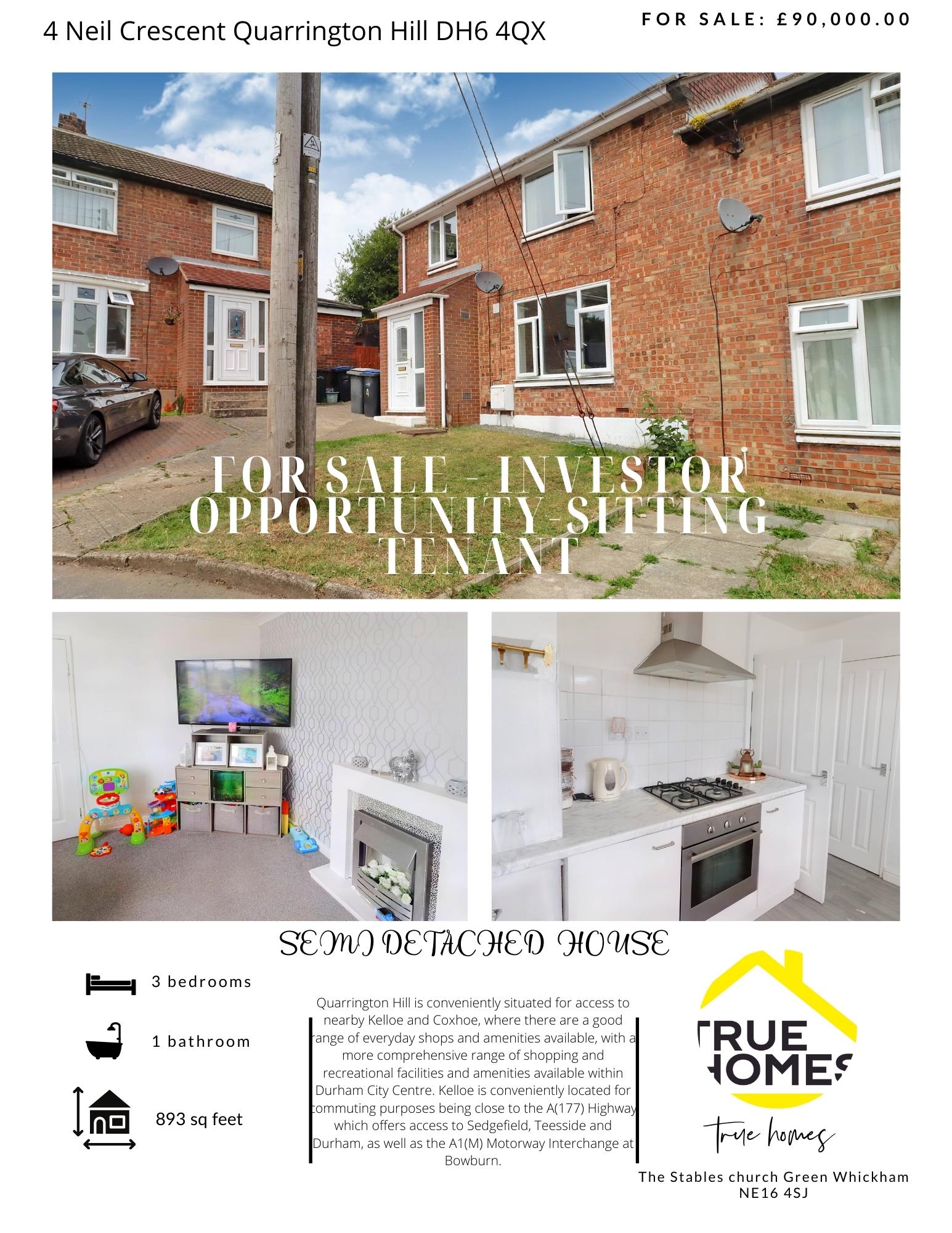 Neil Crescent, Quarrington Hill DH6 3 bed semidetached house £90,000