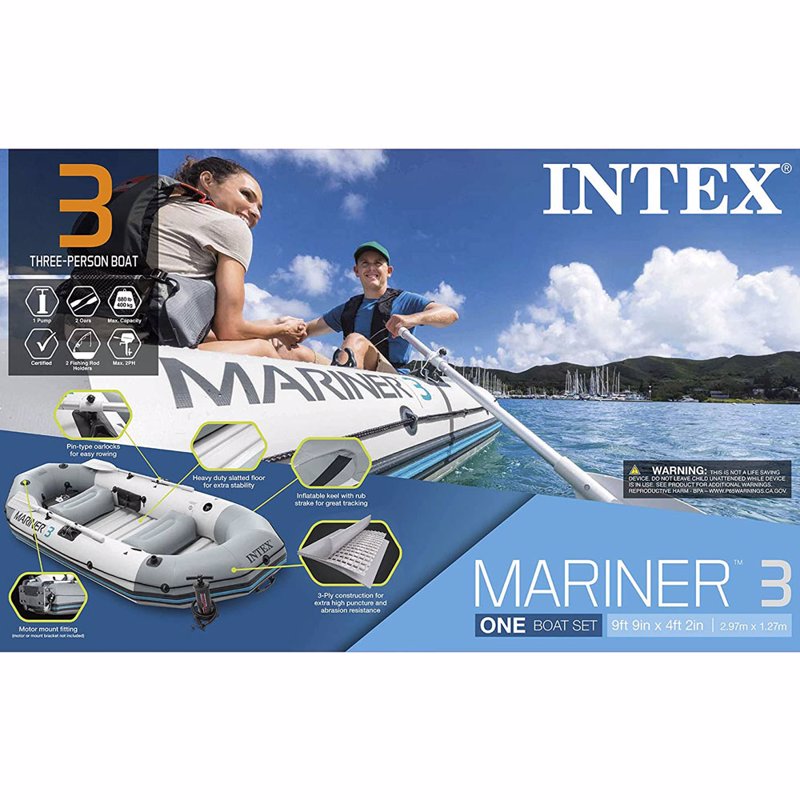 Трехместная надувная лодка Intex 68373 (297 x 127 x 46 см) Mariner 3 (В комплекте алюминиевые весла и ручной насос)