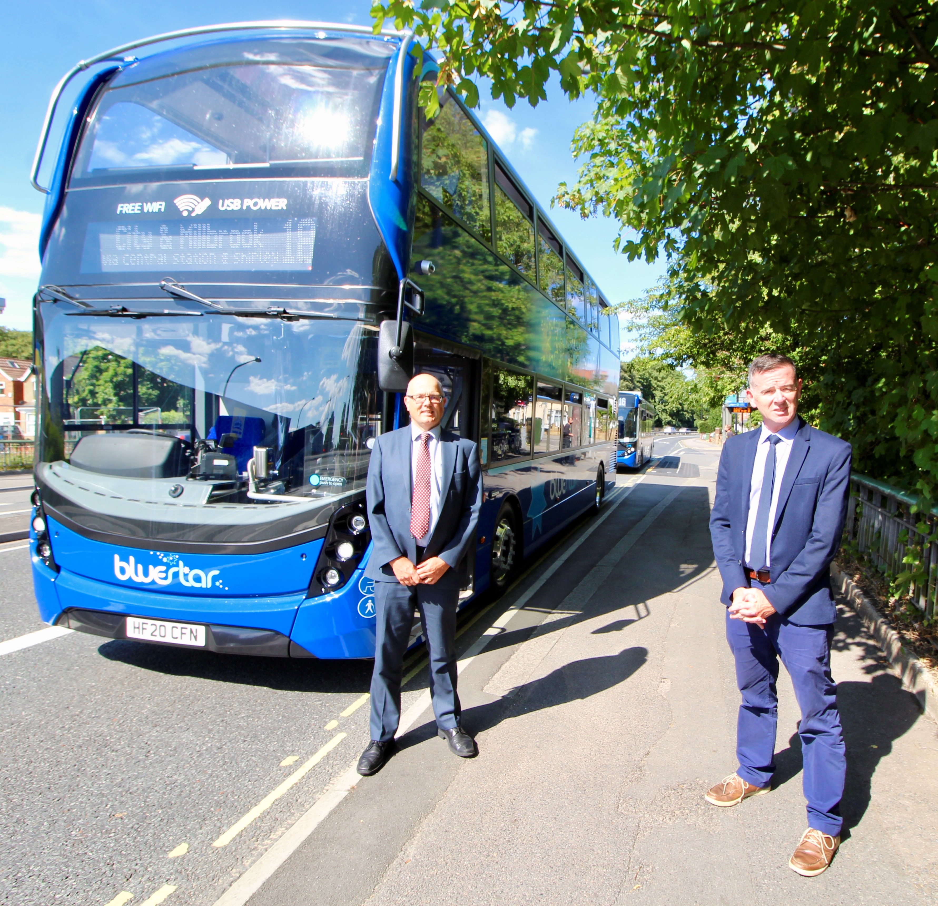 A photo of a new bluestar bus with our managing director, Andrew, with Southampton City Councillor, Steve.