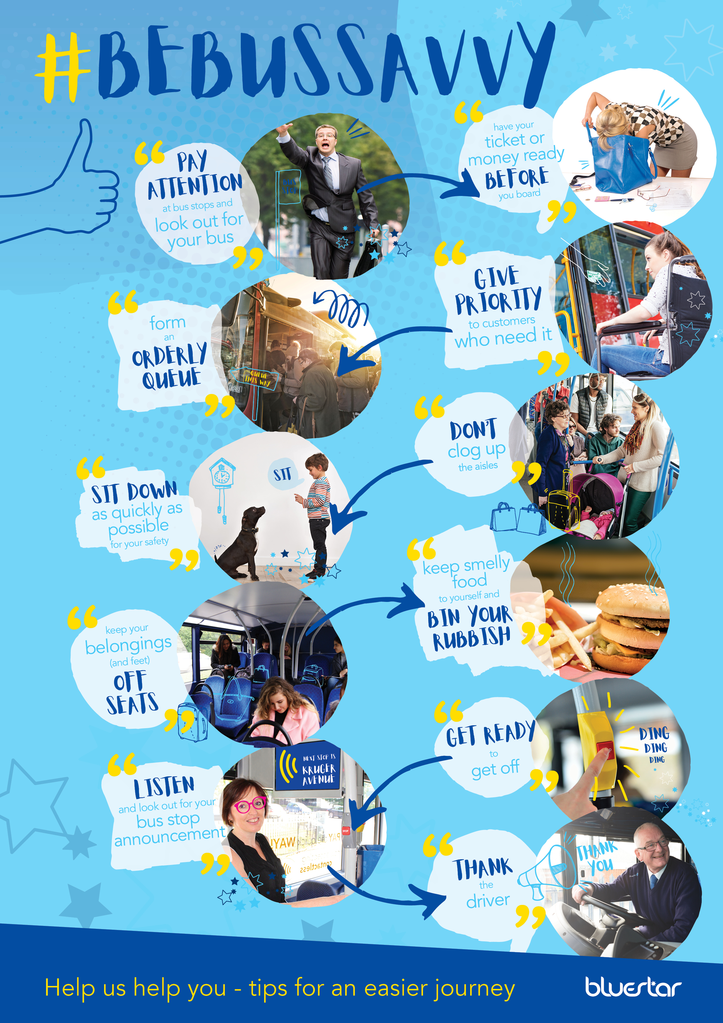 Illustration reading '#bebussavvy - our top tips for an easier and safer journey'