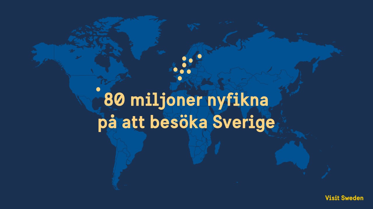 En världskarta i bakgrunden med nio punkter utsatta på USA, Nederländerna, Frankrike, Storbritannien, Tyskland, Norge, Danmark, Finland och Sverige. I förgrunden står texten: 80 miljoner nyfikna på att besöka Sverige.