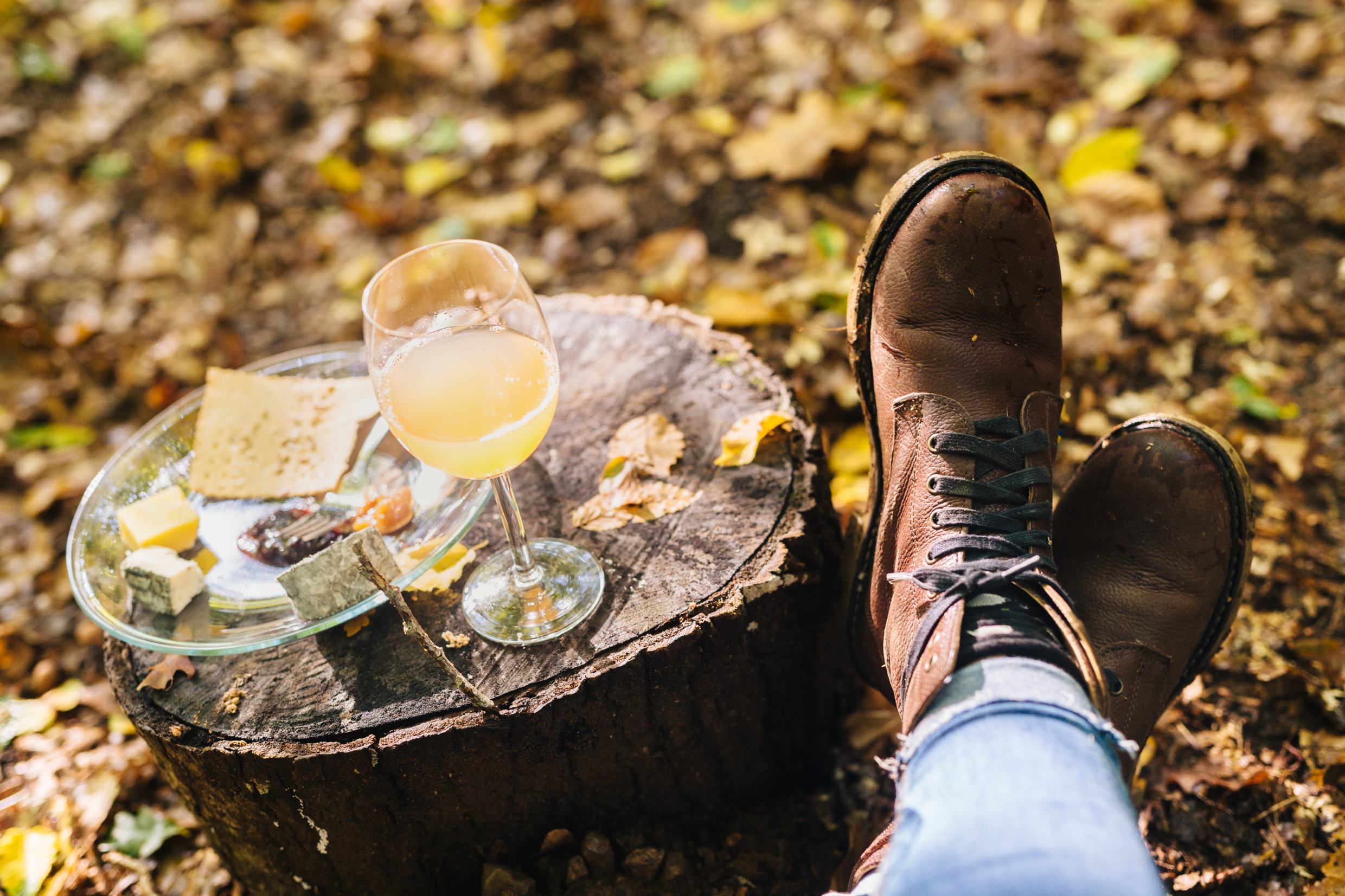 En stubbe varpå det står en tallrik med små munsbitar, bredvid står ett vinglas med gul dryck i. Runt stubben kryllar det av gula höstlöv och till höger ser man två fötter korsade.