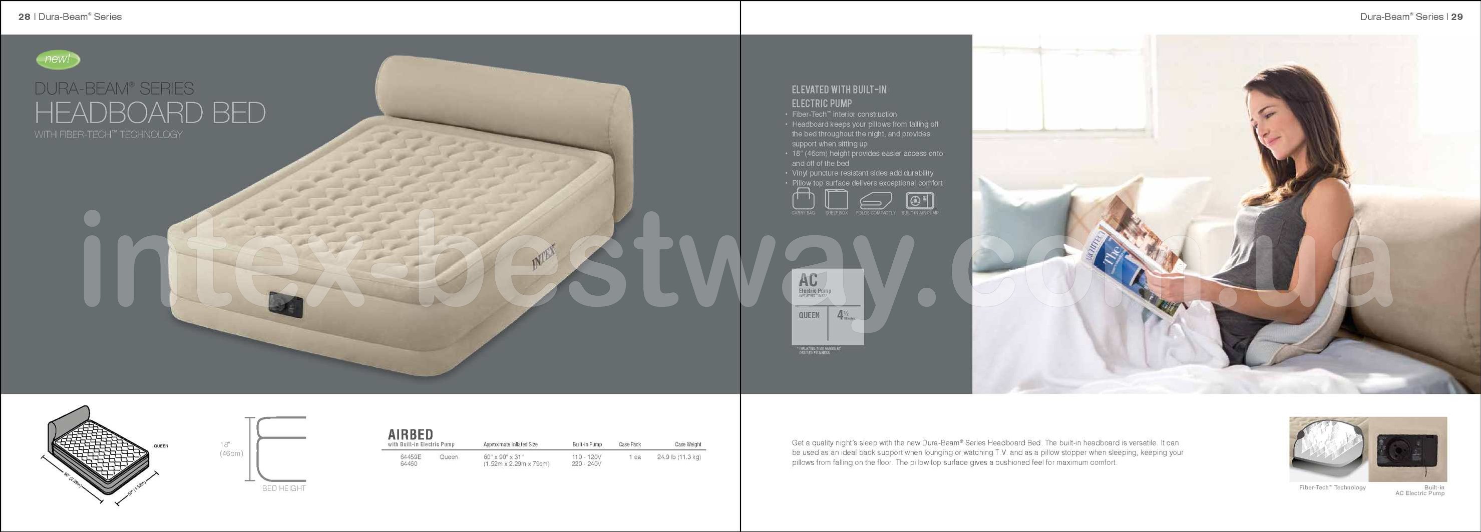 Двуспальная надувная кровать Intex 64460 + встроенный электронасос 220V Headboard Bed With Fiber-Tech Technology