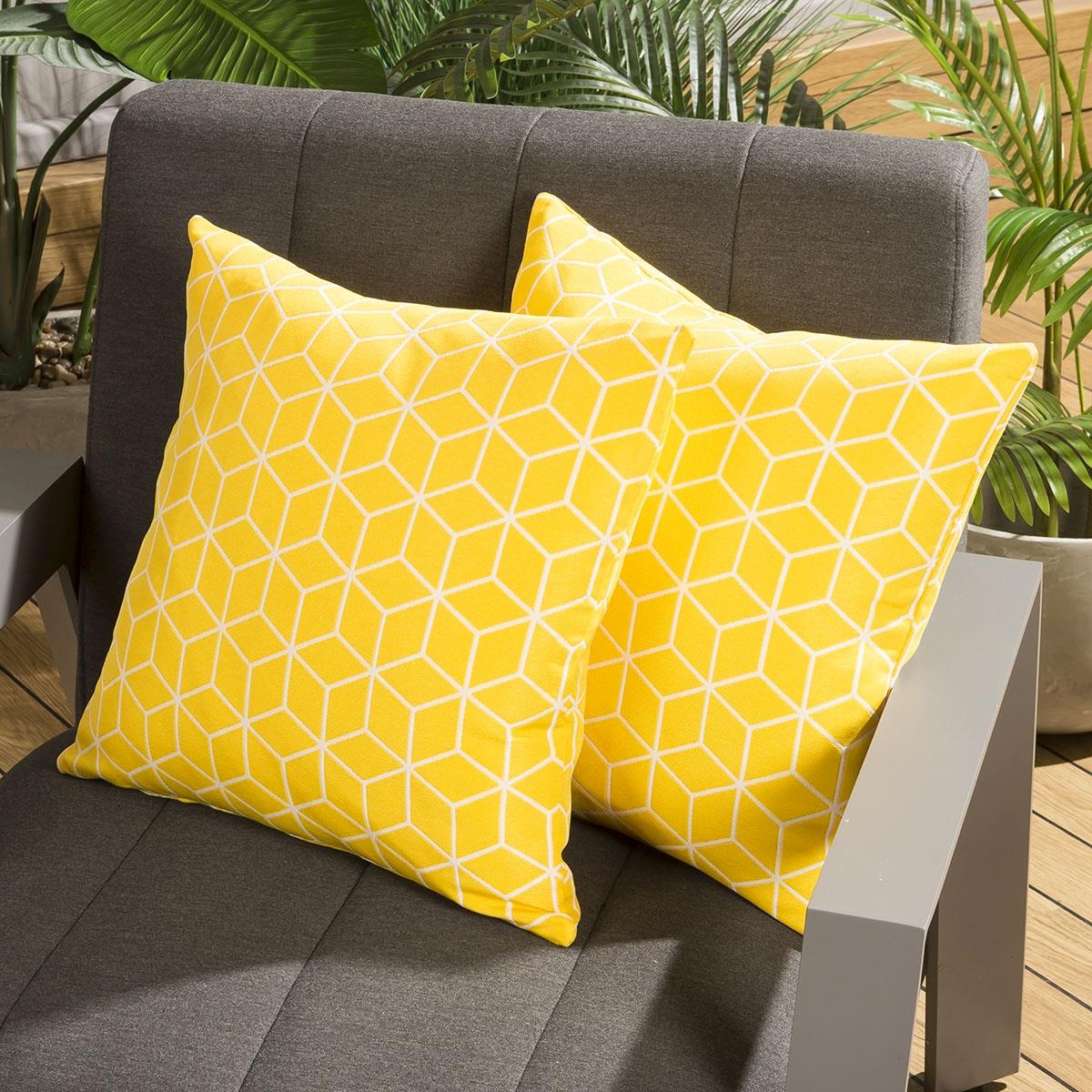 Pair of Luxury 450mm Outdoor Scatter Cushion Yellow Geometric