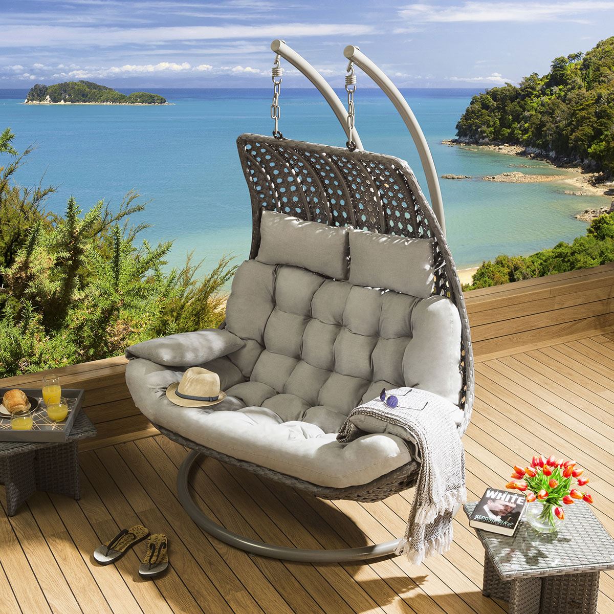 Outdoor 2 Person Garden Hanging Swing Chair / Sunbed Grey Rattan for