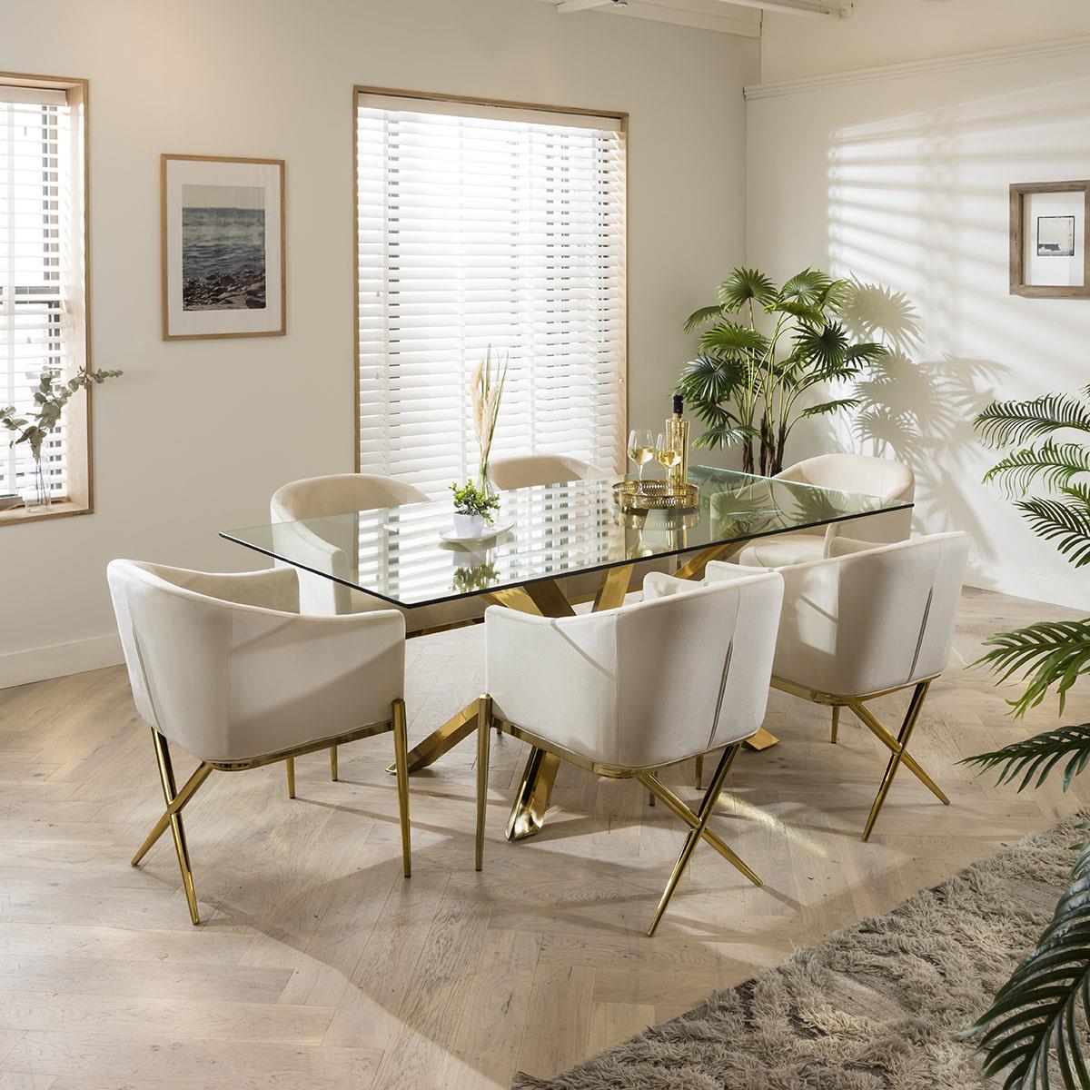 Gold Pedestal Glass Table Cream Velvet Chairs Seater Dining