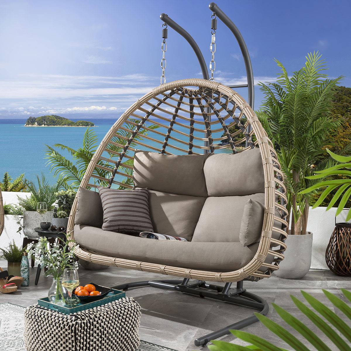 Porch Swing Double Seat Hanging Chair UPLAND Black Wicker Hanging  Double-Seat Patio Swing Chair With