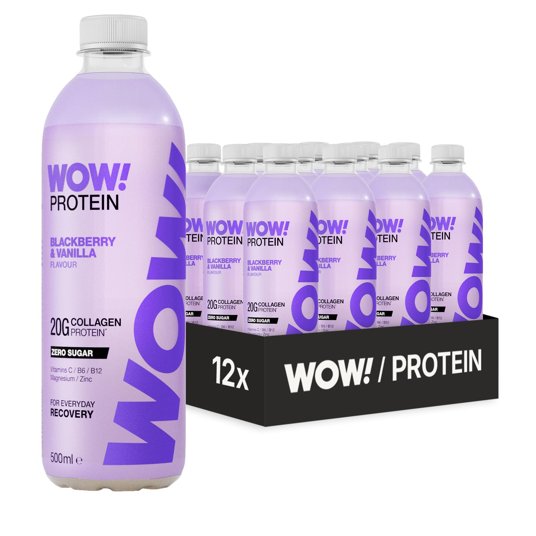 WOW PROTEIN Blackberry Vanilla Still 500ml Bottle 20g Protein Bovine Collagen Zero Sugar