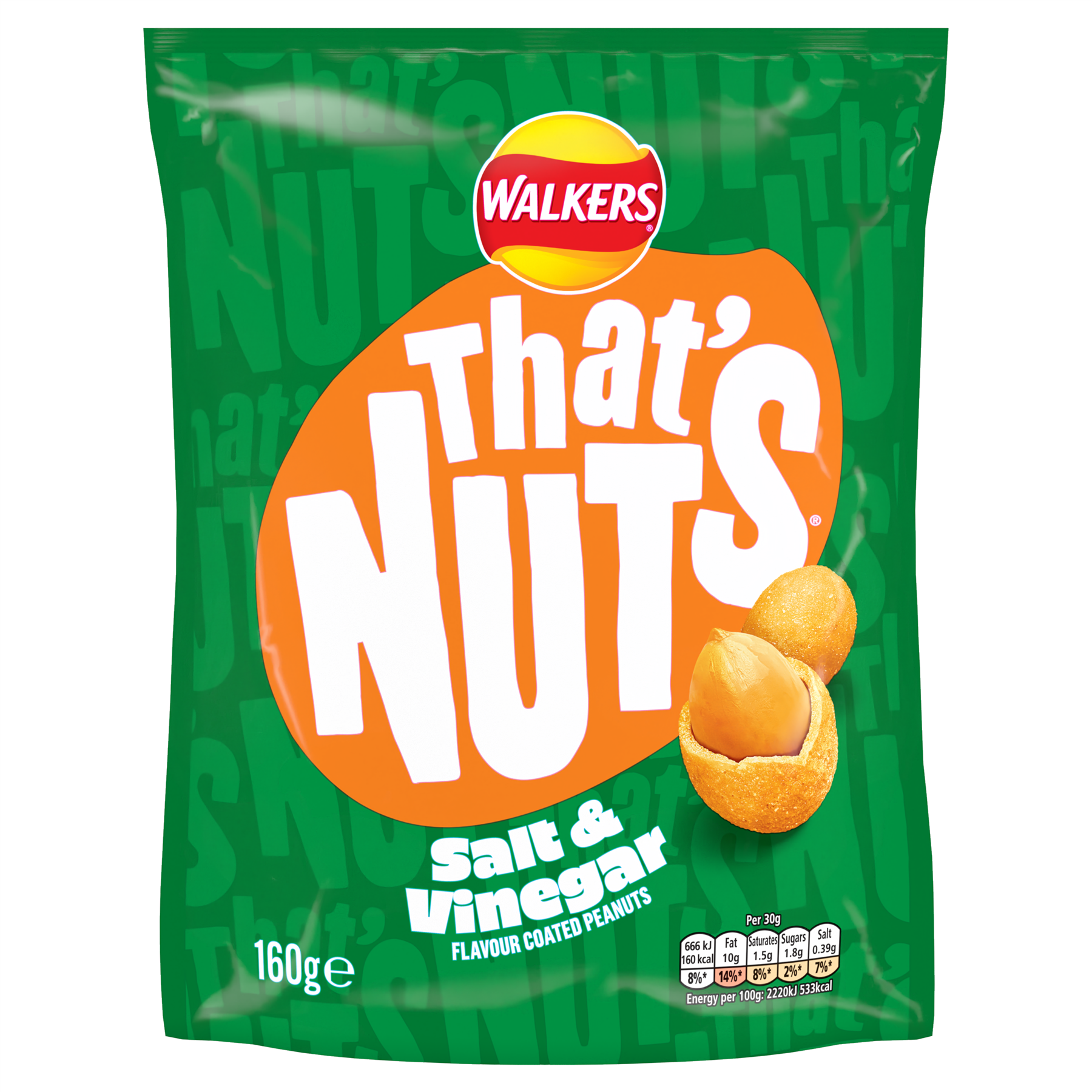 Walkers Thats Nuts Salt And Vinegar 8 x 160g Packs Bold Crunchy Coated Peanuts