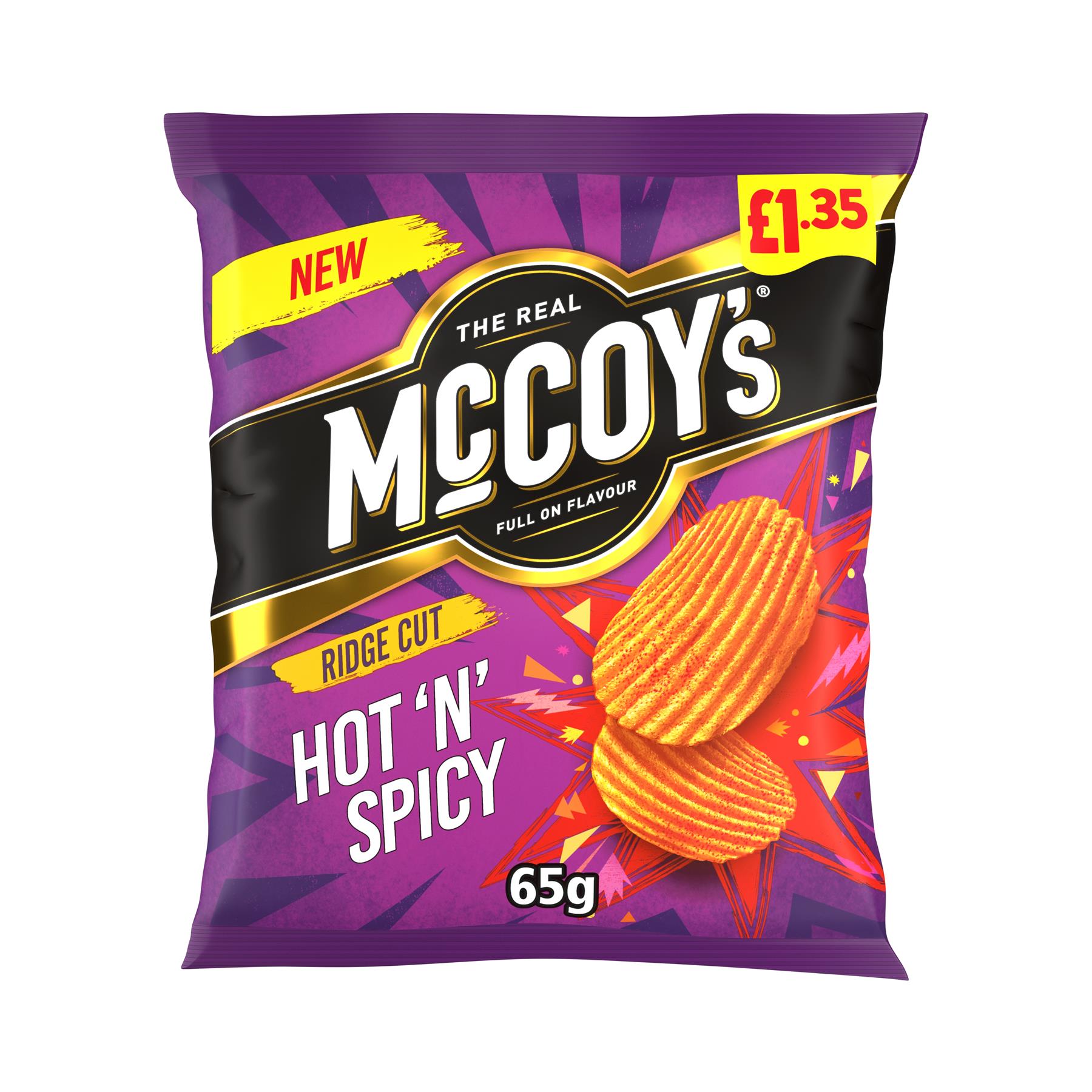 McCoy's Ridge Cut Hot N Spicy Crisps 20 x 65g PMP Fiery Crunchy Vegetarian Snack Bags