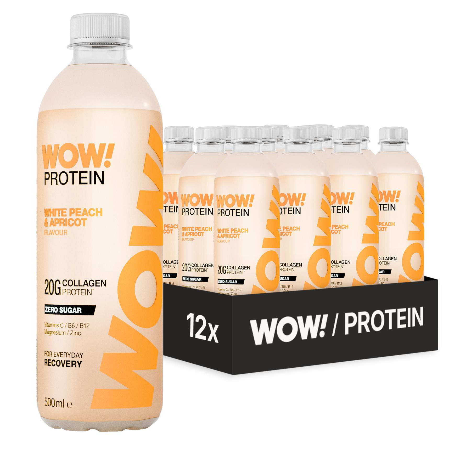 WOW PROTEIN White Peach Apricot Still 500ml Bottle 20g Protein Bovine Collagen Zero Sugar