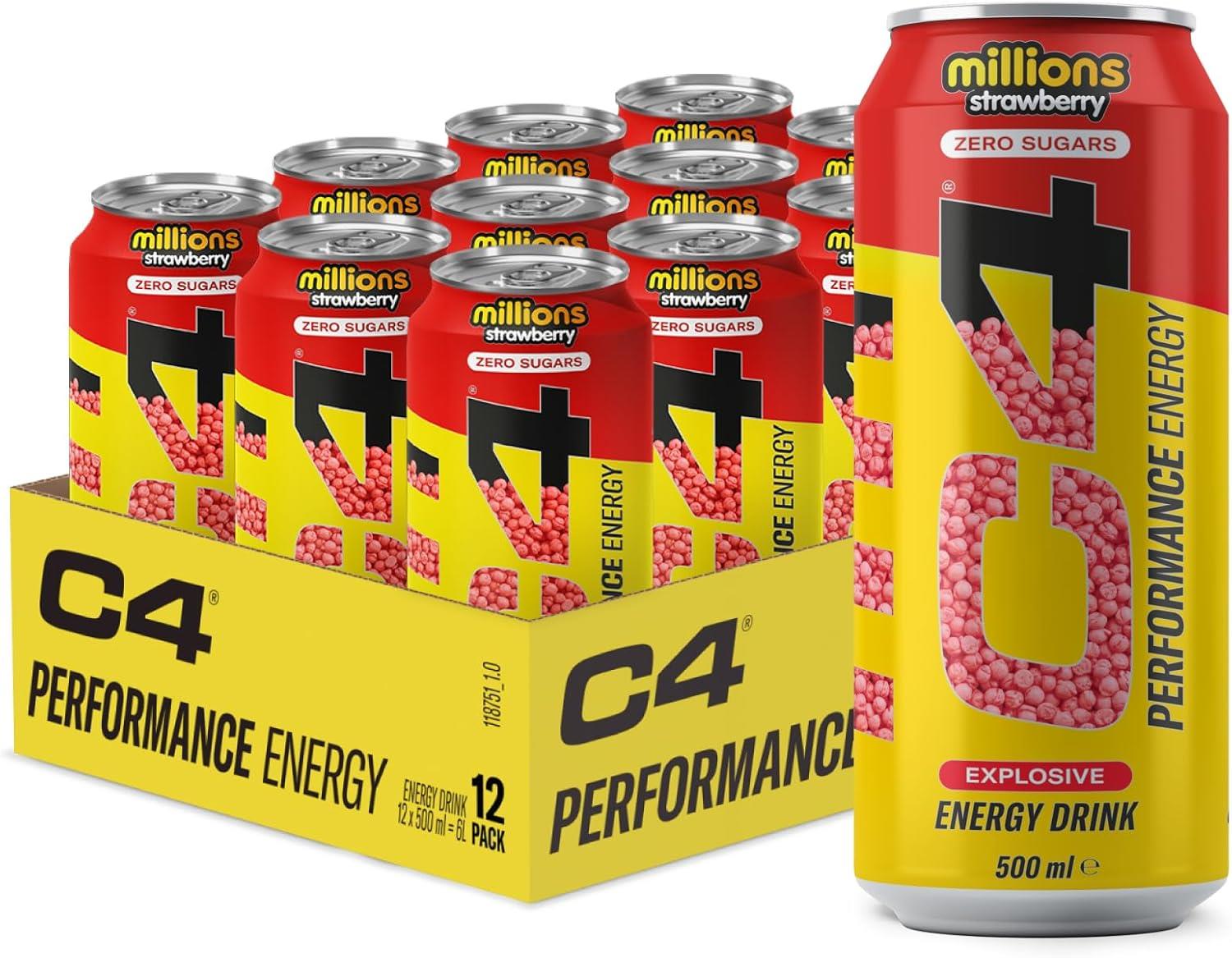 C4 Performance Millions STRAWBERRY Zero Sugar Energy Drink 500ml Cans