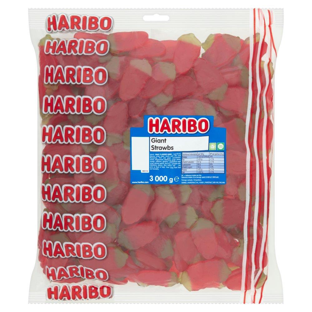 Haribo Giant Strawbs Sweets 1x 3Kg Bag Strawberry Flavour Chewy Candy Bulk Pack For Parties And Shar
