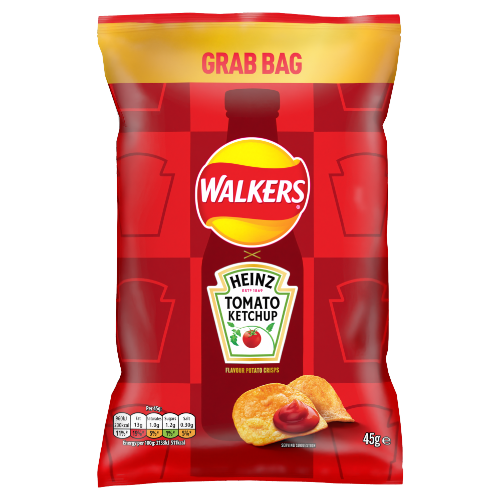 Walkers Heinz Tomato Ketchup Crisps &ndash; 32 x 45g Grab Bags Tomato Ketchup Flavour No Artificial 
