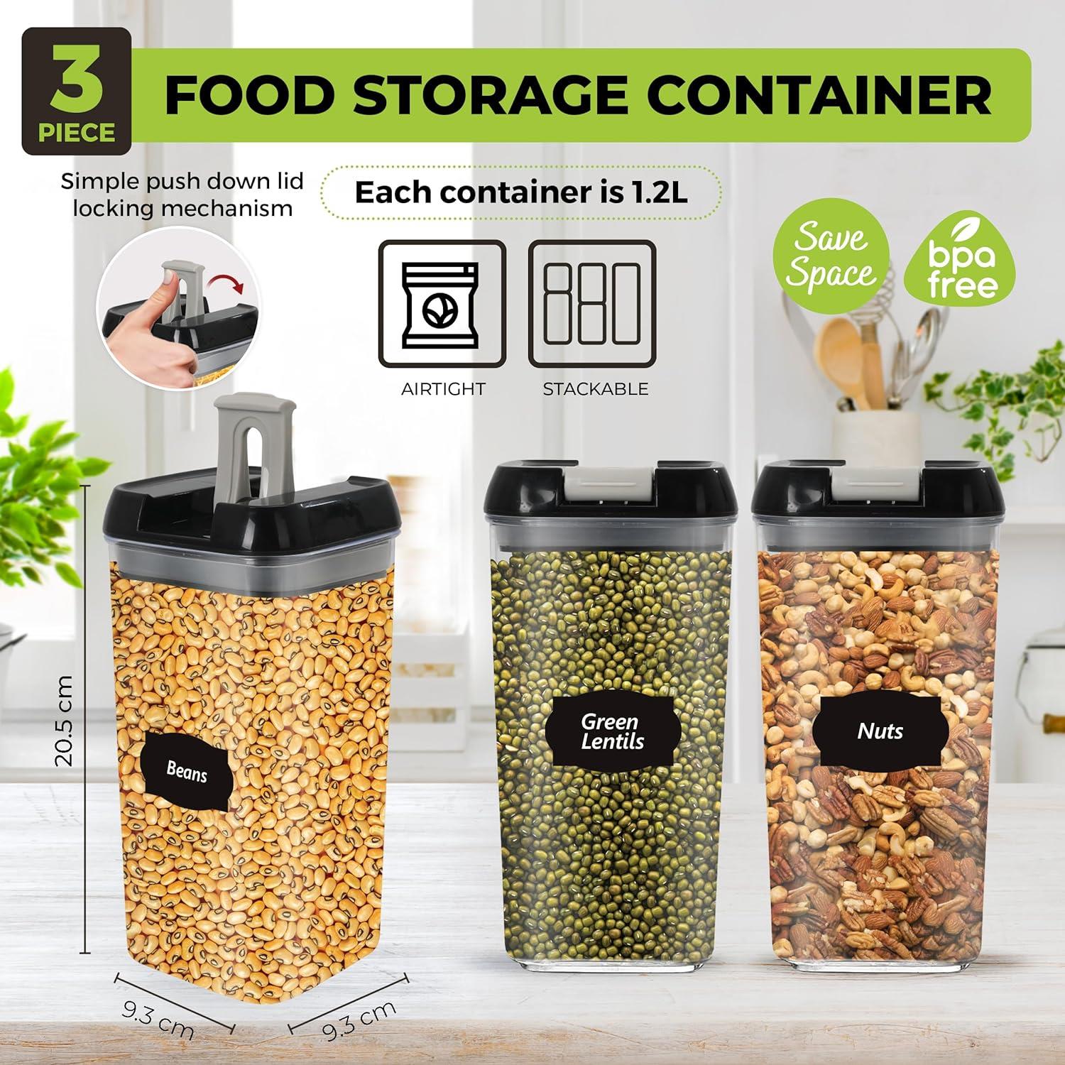 Top 3 Airtight Food Storage Containers – Pack Of 3 x 1.2L Plastic Storage Jars With Marker, La