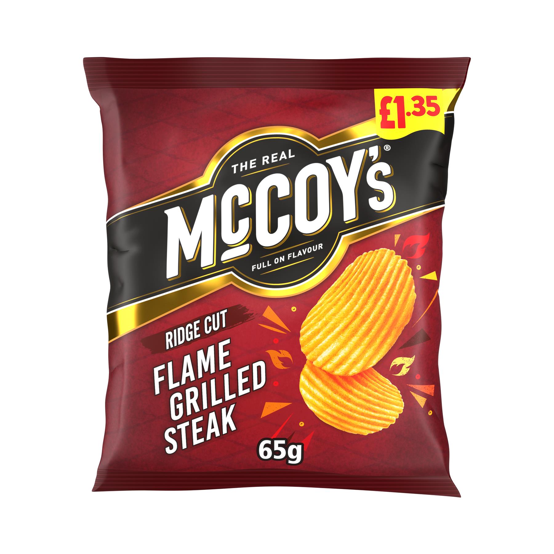McCoy's Flame Grilled Steak Crisps 20 x 65g PMP Bold Ridge Cut Steak Flavour Vegetarian Snack Bags