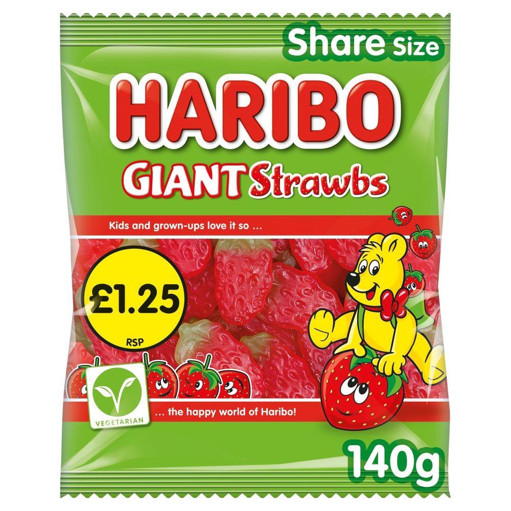 Haribo Giant Strawbs Sweets 12 x 140g Bags Strawberry Flavour Chewy Jelly Candy Share Size Pack For 