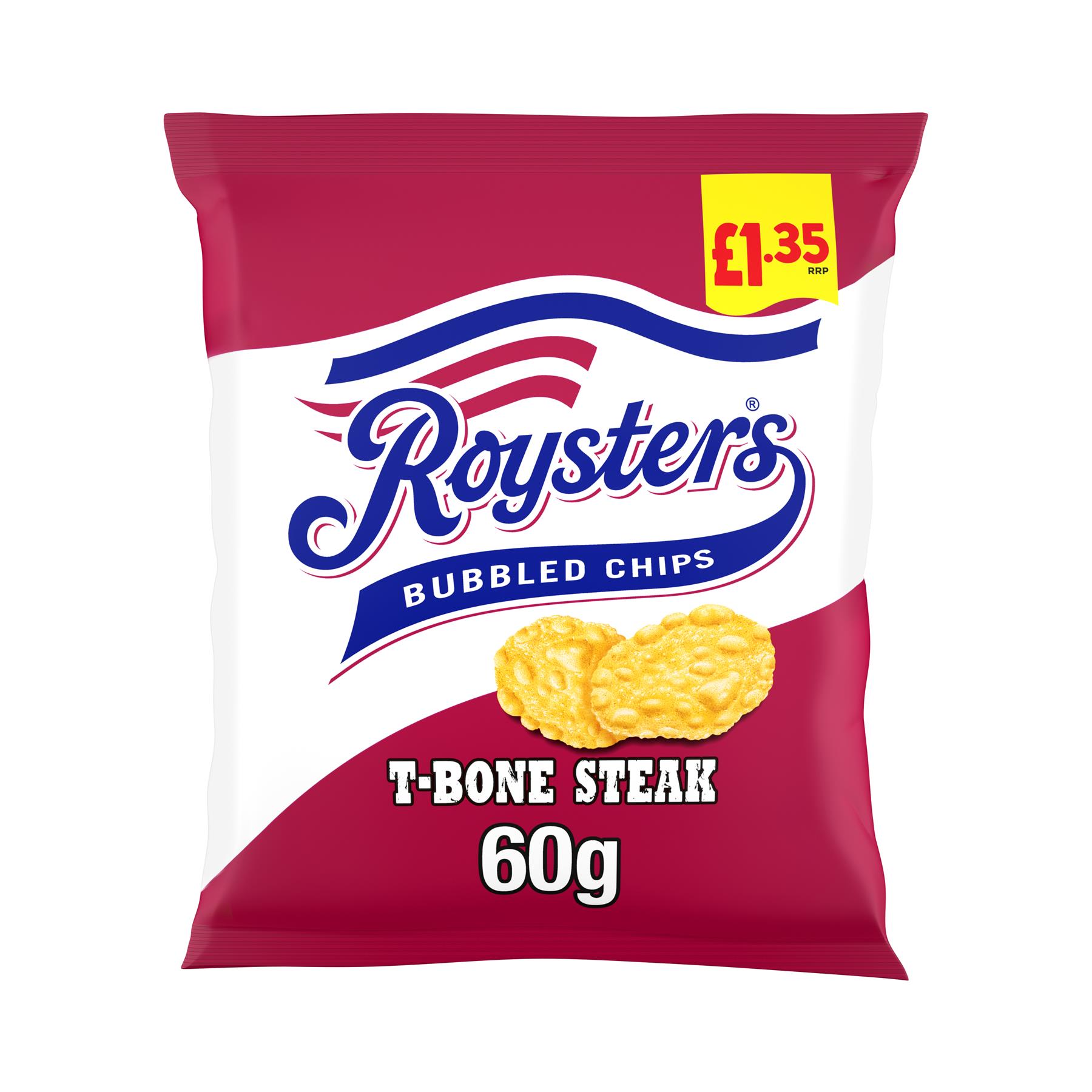 Roysters T Bone Steak Crisps 20 x 60g Vegetarian Friendly Bubble Cut PMP Snack Bags No MSG