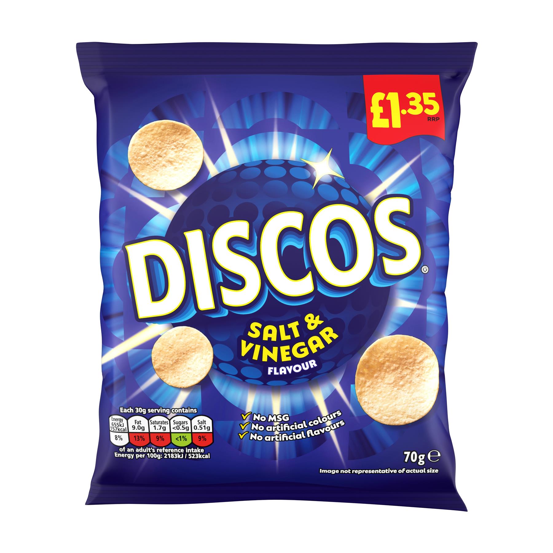 Discos Salt Vinegar Flavour 16 x 70g PMP Wheat Snacks Vegetarian Bold Tangy Snack Bags