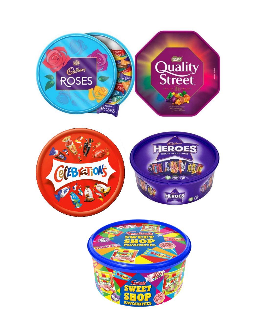 Christmas Chocolate Selection Tubs 5 Pack with Roses Heroes Quality Street Celebrations And Swizzels