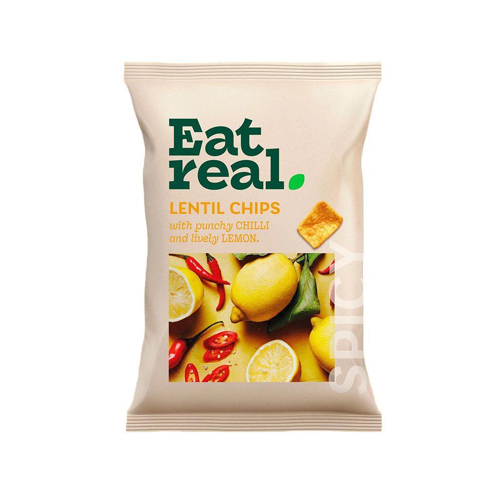 Eat Real Lentil Chilli And Lemon Chips 10 x 95g Bags Gluten Free Vegan Friendly Healthy Snack