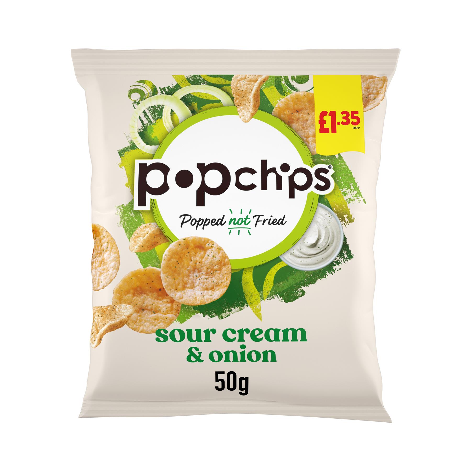 Popchips SOUR CREAM & ONION Popped Crisps Snacks 50g PMP Bags