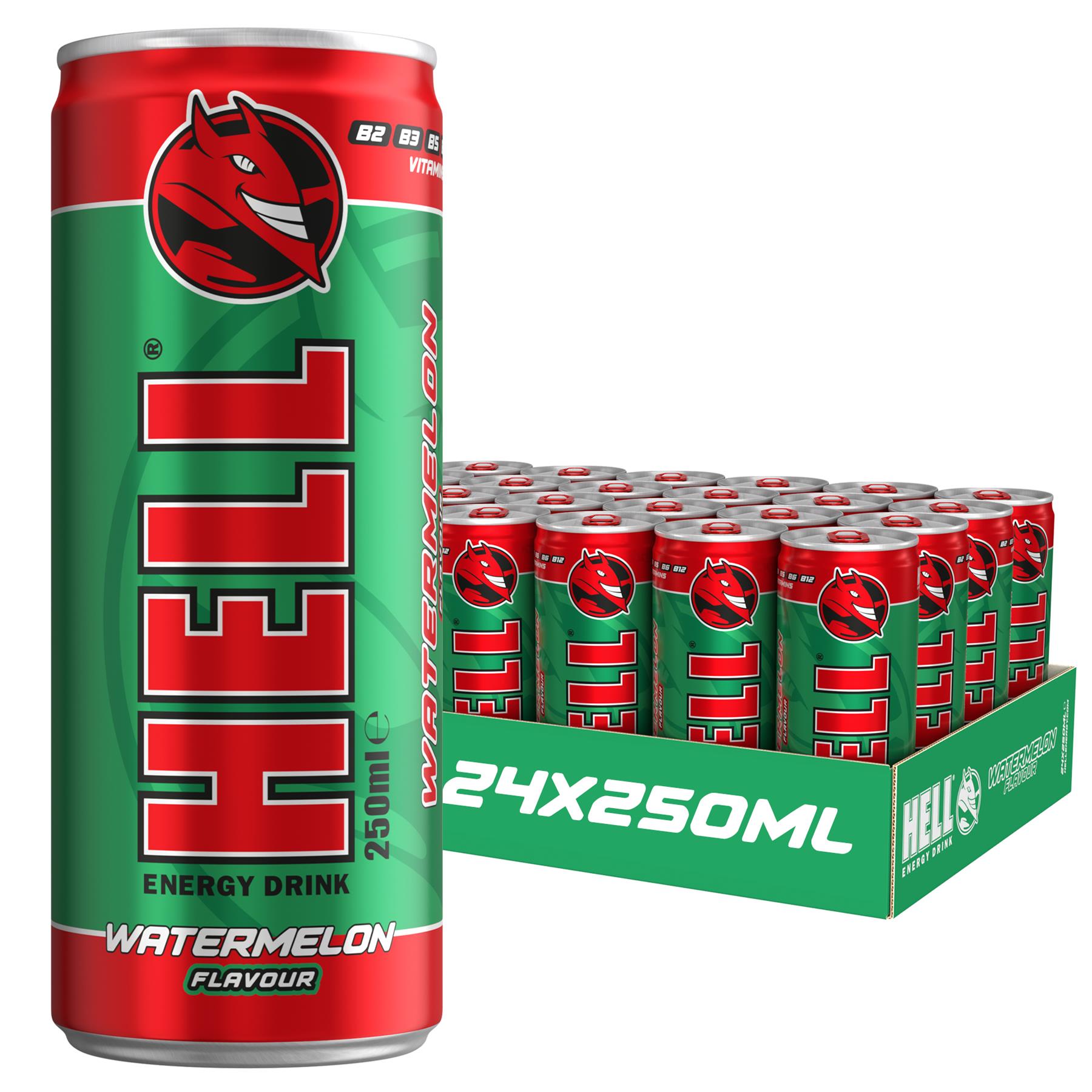 Hell Energy Drink Watermelon 48 x 250ml Cans High Caffeine With B Vitamins Vegan Preservative Free
