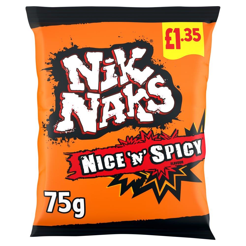 Nik Naks Nice N Spicy Crisps 20 x 75g PMP Vegetarian Orange Corn Snacks With Bold Spicy Flavour