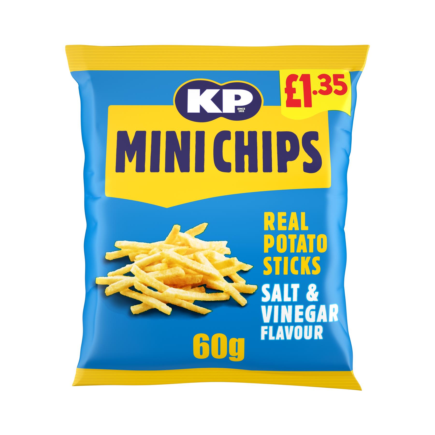KP Mini Chips Salt Vinegar 20 x 60g PMP Crunchy Potato Sticks With Bold Tangy Flavour