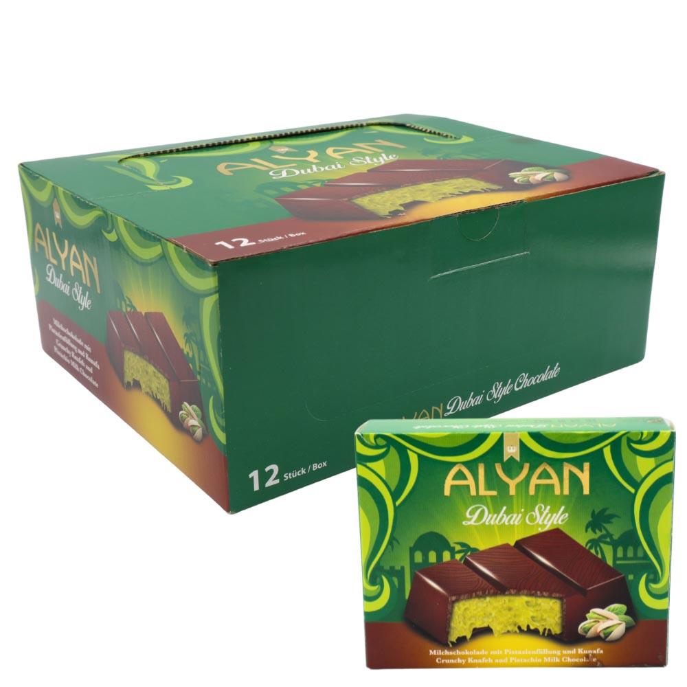 Alyan Dubai Pistachio Chocolates 12 x 100g – Pistachio Cream & Knafeh In Milk Chocolate