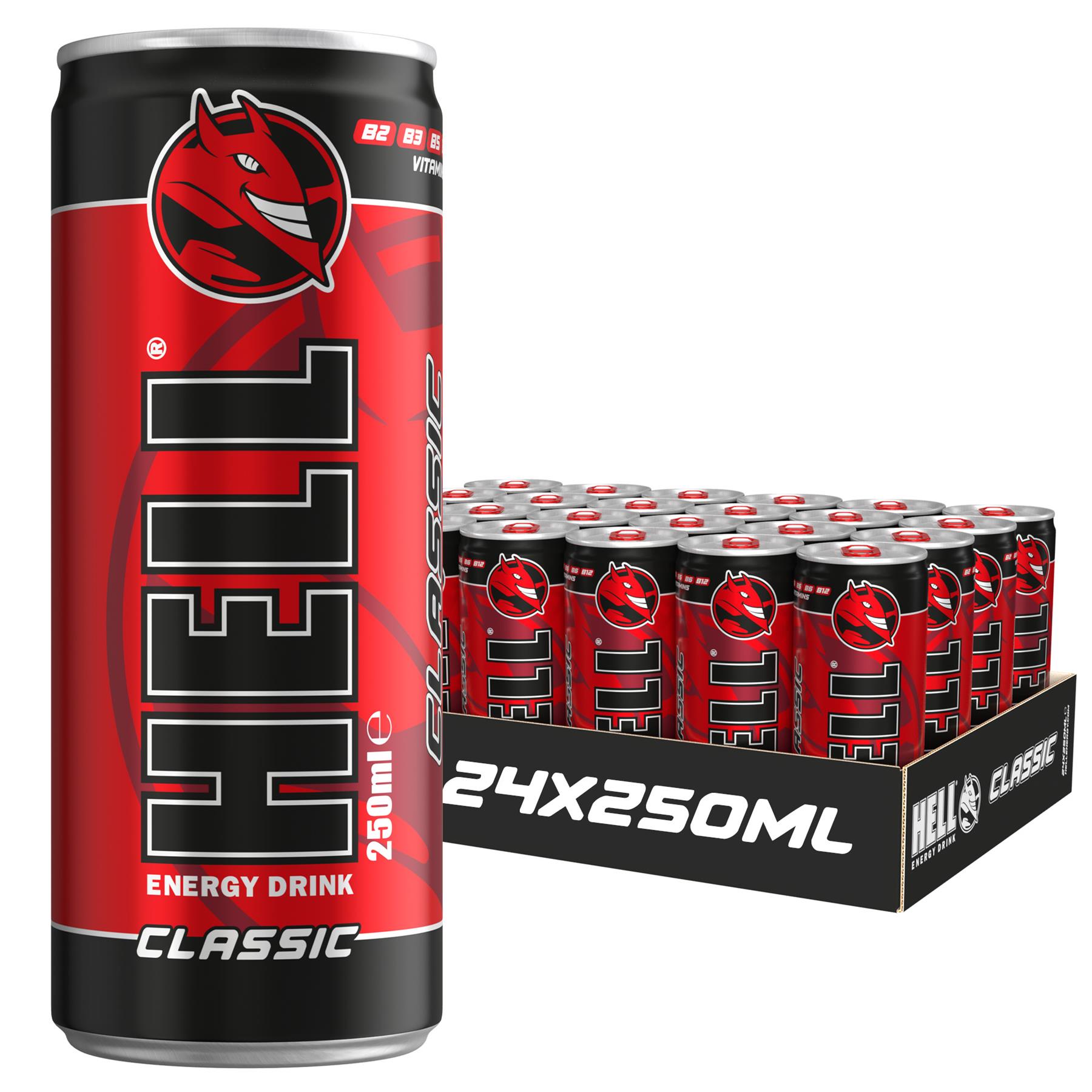 Hell Energy Drink Classic 48 x 250ml Cans High Caffeine With B Vitamins Vegan Preservative Free
