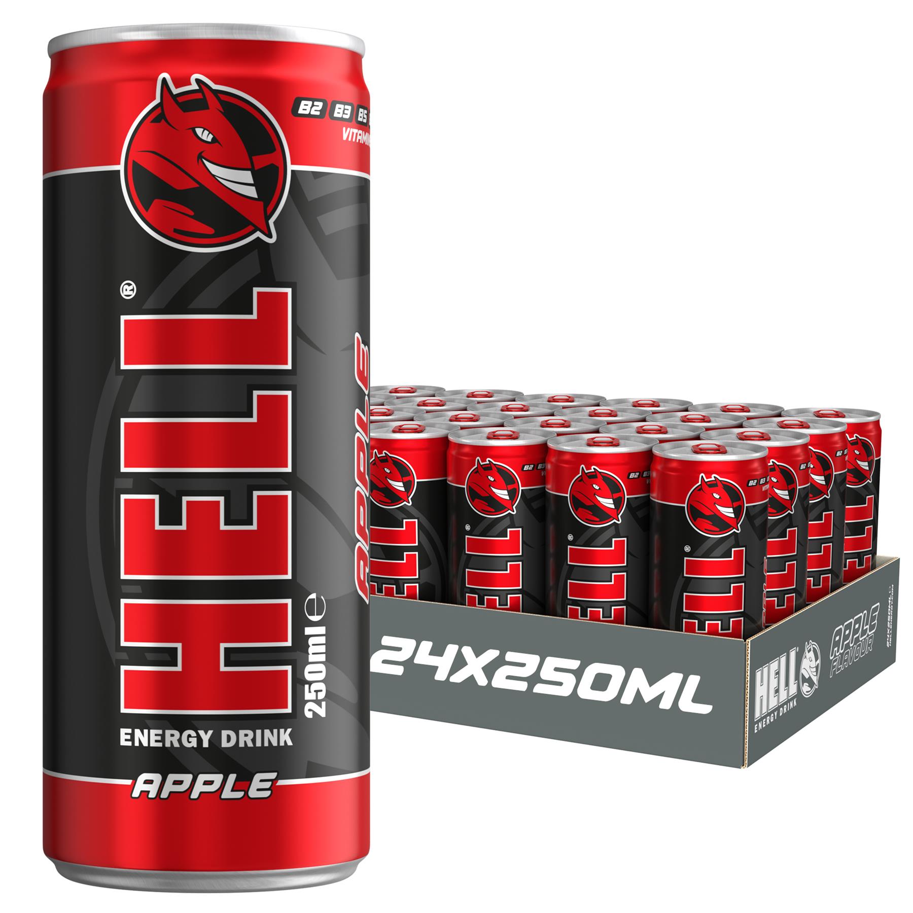 Hell Energy Drink APPLE 48 x 250ml Cans High Caffeine With B Vitamins Vegan Preservative Free