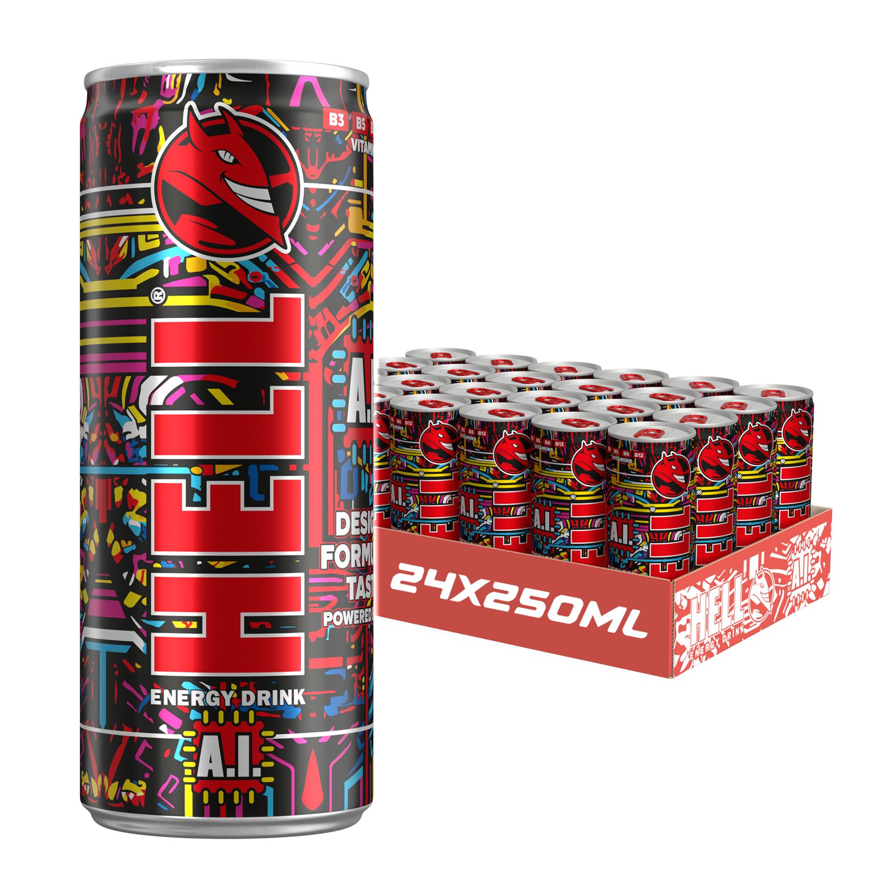 Hell Energy Drink A.I 48 x 250ml Cans High Caffeine With B Vitamins Vegan Preservative Free