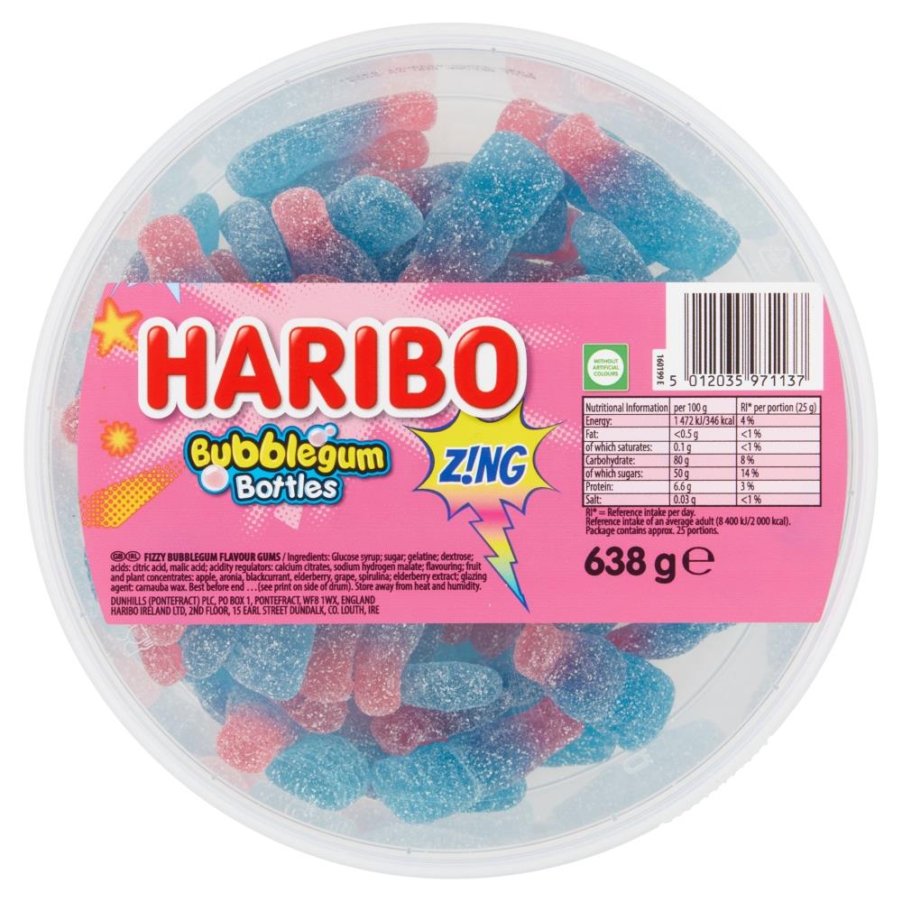 Haribo Bubblegum Bottles Zing Tub 1 x 638g Sweet And Tangy Gummy Candy
