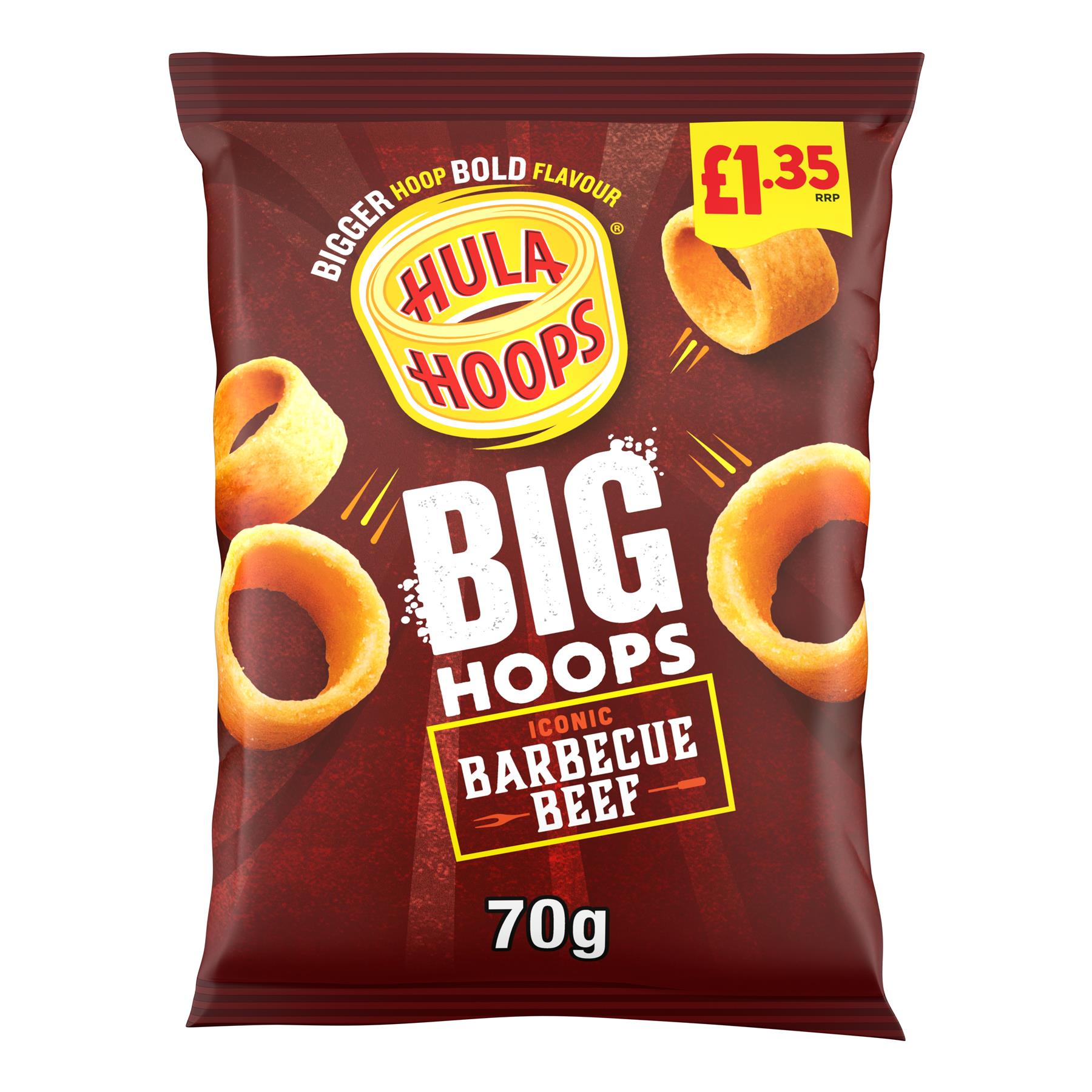 Hula Hoops Big BBQ Beef 20 x 70g PMP Bold Flavour Vegetarian Potato Rings Snack Bags