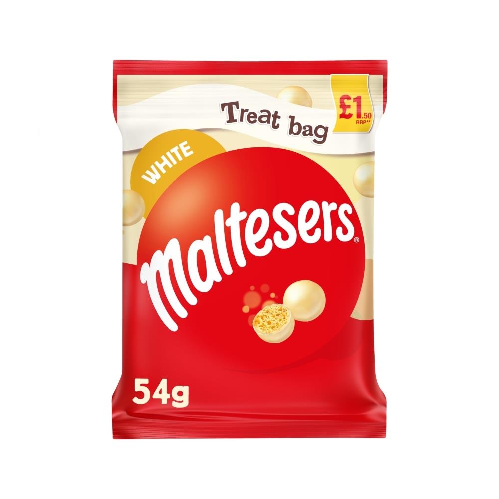Maltesers White Treats Bags 18 x 54g PMP Bags White Chocolate Crunch Sharing Snack