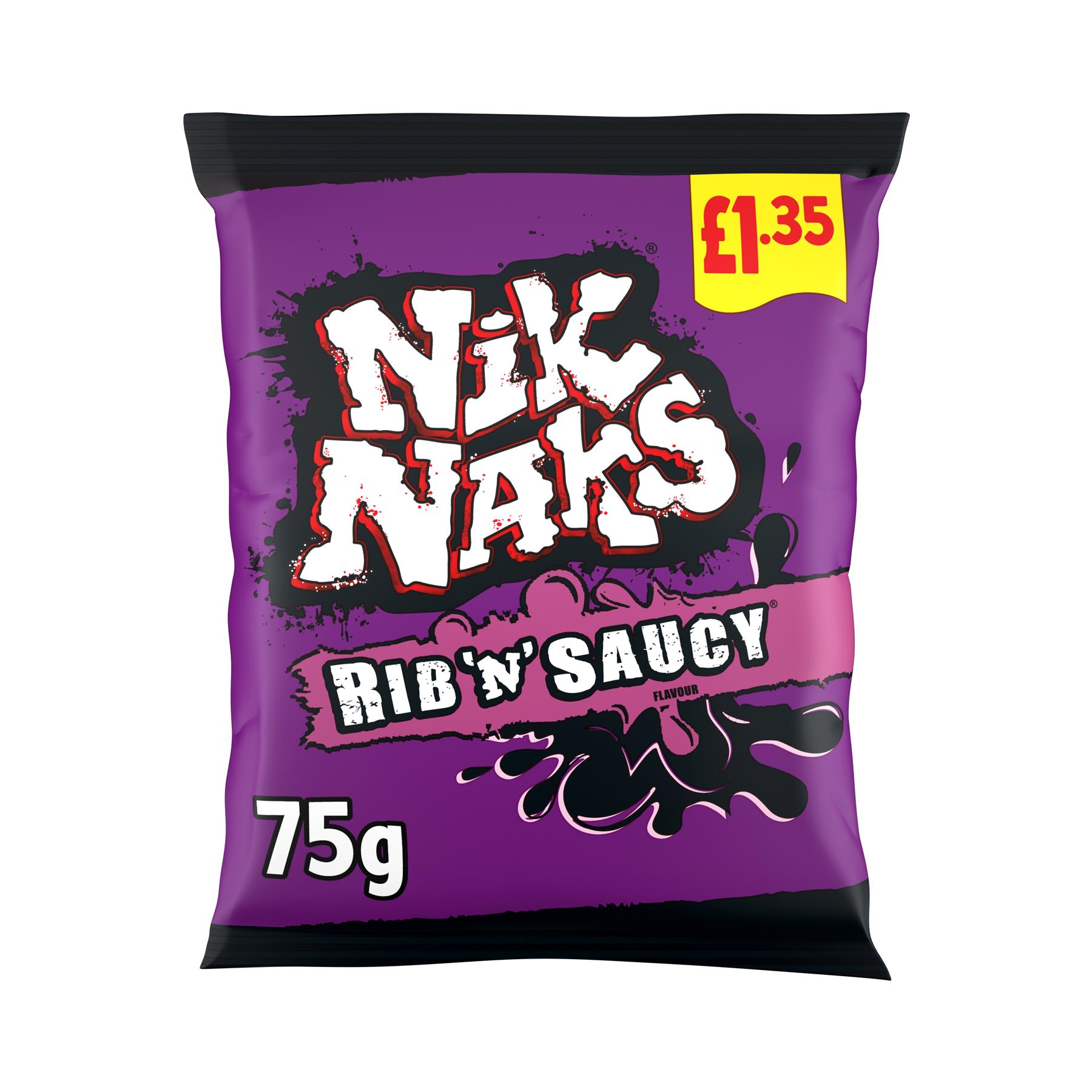 Nik Naks Rib N Saucy Crisps 20 x 75g PMP Vegetarian Purple Corn Snacks With Tangy Bold Flavour