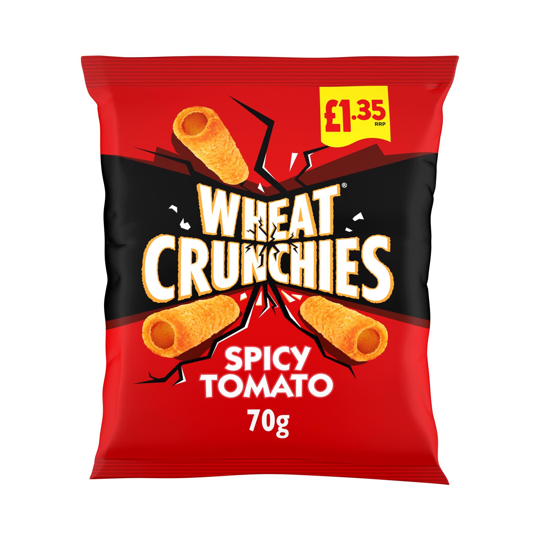 Wheat Crunchies Spicy Tomato Flavour Crisps 16 x 70g – Tangy Wheat Snack Tubes for Sharing