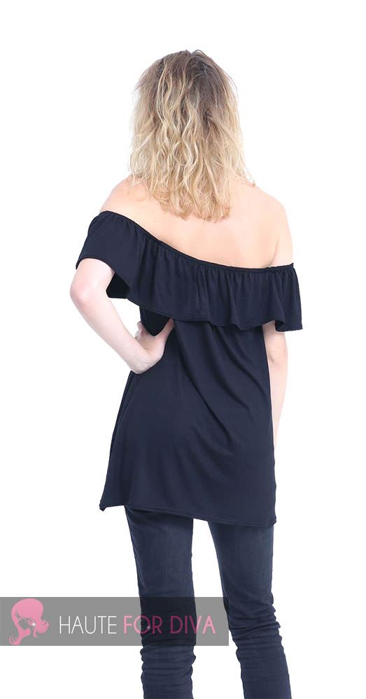 NEW WOMENS LADIES OFF SHOULDER RUFFLE SLEEVELESS PLAIN PRINTED BARDOT TOP 8-26